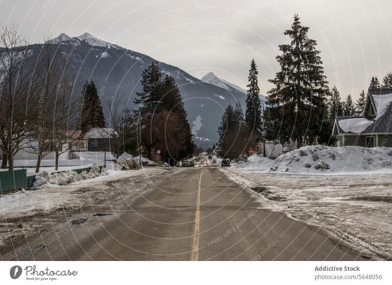 Road with parked cars in winter street snow house empty road mountain majestic clear sky canada diminishing asphalt travel building exterior weather