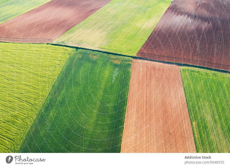 Aerial patchwork of lush agricultural fields aerial view agriculture green brown rural landscape pattern farmland cultivation earth nature ground soil texture