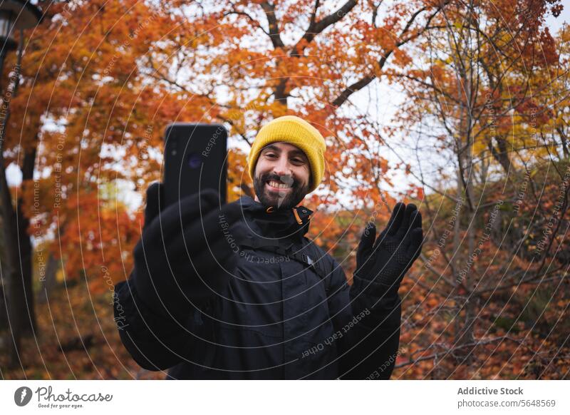 Cheerful bearded man waving hand while making video call in park smartphone tree autumn nature male national park device mobile cheerful internet warm clothes