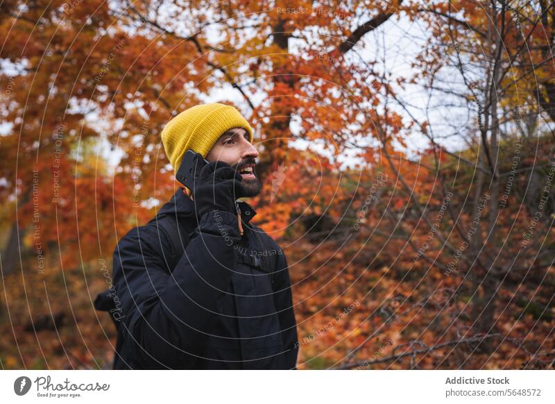 Young bearded man making phone call while standing in autumn park explorer scenic talk smartphone gadget national park speak beanie cap male young trip device