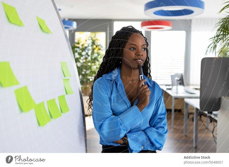 Thoughtful businesswoman holding marker by flip chart in office Businesswoman Marker Flip Chart Adhesive Note Office Presentation Brainstorm Smile Woman Work