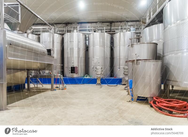 Vat room of wine factory winery production barrel equipment ferment process winemaking cellar alcohol manufacture tool tank steel viticulture industrial machine
