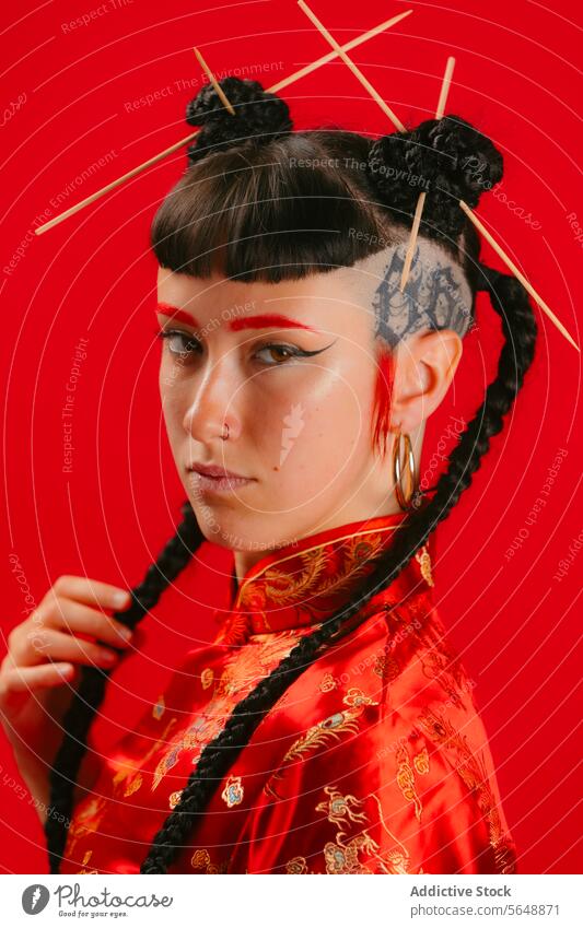 Fashion portrait of a woman in traditional Asian attire fashion asian attire red modern stylish pose elegance hair stick outfit dress young female