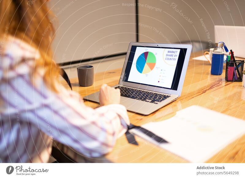 Anonymous woman checking charts on screen of laptop in modern office netbook businesswoman project work using browsing diagram occupation entrepreneur analysis