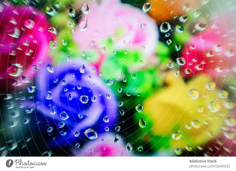Water droplets on glass with a blurred background of vibrant flowers in pink, green, and blue hues water abstract moisture reflection transparent texture liquid