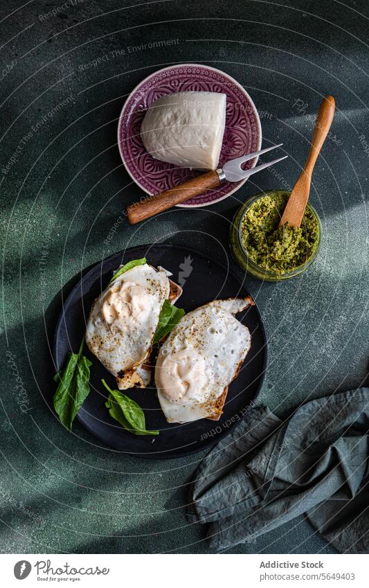 Wholegrain toasts with fresh spinach leaves, fried eggs and pesto sauce yummy serve bowl herb green homemade food tasty meal cuisine dish gourmet nutrition