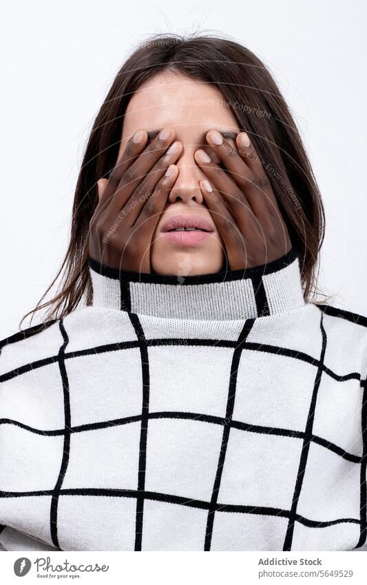 Woman with girlfriend's hands covering eyes from sweater Women Cover Eyes Sweater Hand Love Multiracial Gentle Girlfriend Young Seduction Casual Hide Beauty