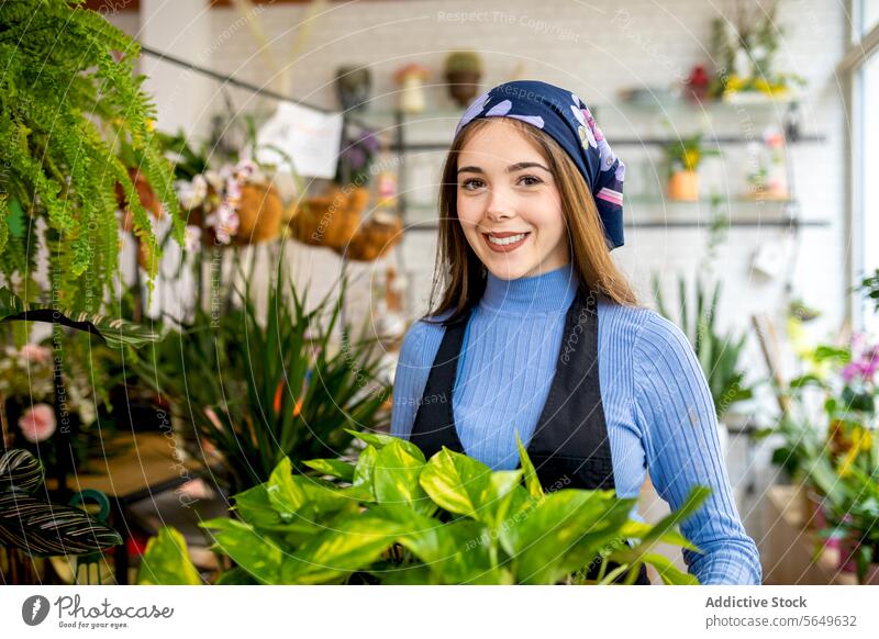 Young smiling woman with Epipremnum aureum in planter in floristry pothos money plant smile box work carry owner small business female fresh casual