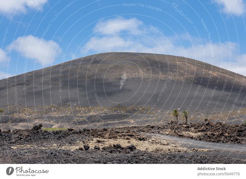 Volcanic slope in Lanzarote volcanic mountain sky blue cloud lava rock landscape nature outdoor scenic barren terrain geology mineral Canary Island panoramic
