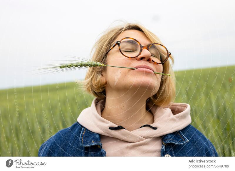 Adult woman with a wheat stalk in mouth standing in a wheat field teeth smile glasses denim jacket hoodie relaxation enjoyment nature simple connection