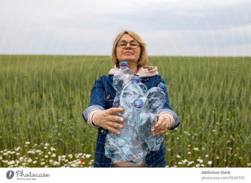 Happy woman looking at camera while showing plastic waste for recycling meadow wildflowers environment conservation activity eco-friendly education outdoors