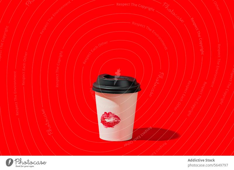 Disposable coffee cup with lipstick mark on red background disposable paper drink takeaway caffeine lid contrast vibrant bold beverage container hot single-use