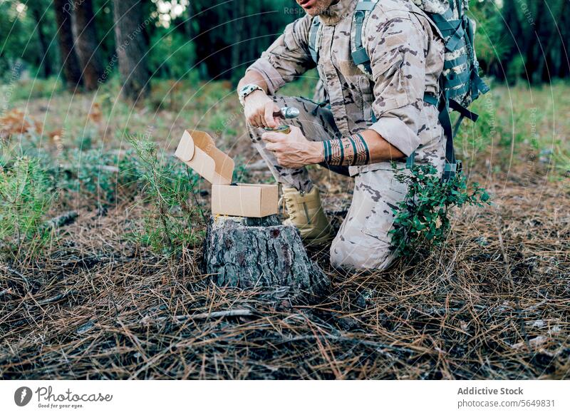 Anonymous Military soldier with backpack opening food can kneeling by box on tree man commando cutlery camouflage forest uniform force blurred background army