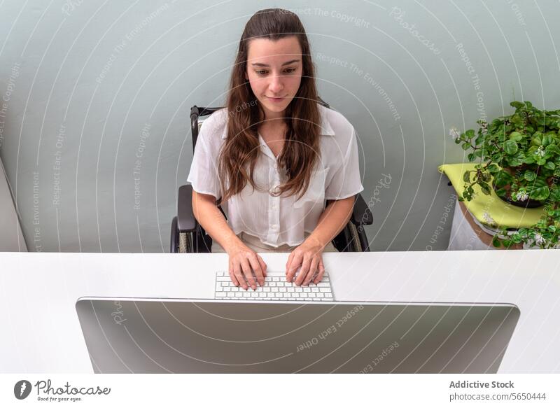 Professional woman working at a computer desk wheelchair professional typing keyboard workspace potted plant office young focused business technology job