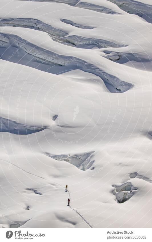 Aerial view of anonymous skiers in warm clothes Traversing a Snow-Covered Glacier in Zermatt, Switzerland glacier snow ice ridge trail alpine terrain
