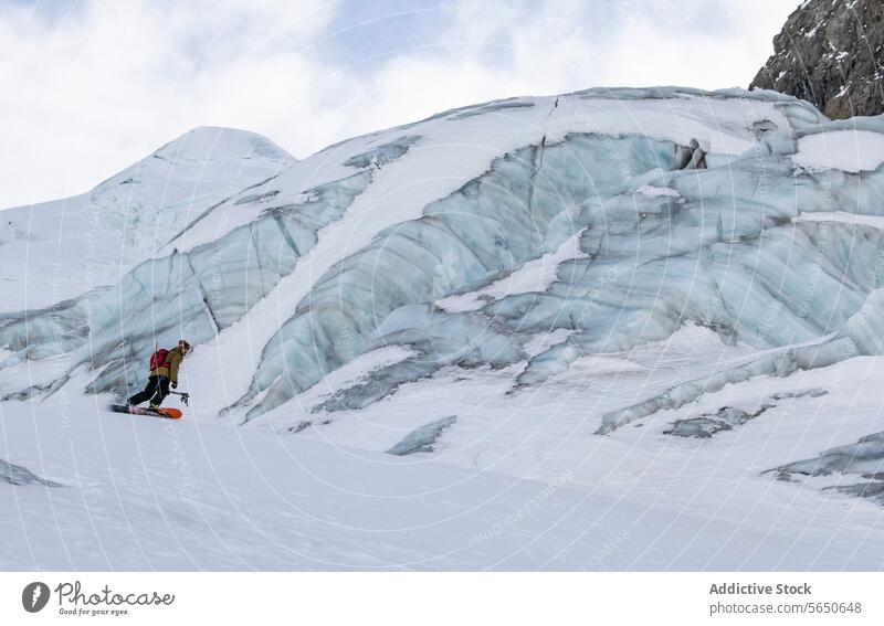 Side view of snowboarder Hiking Near Glacier Formations in Zermatt hiking glacier formations expanse Switzerland towering walls ice sculpted nature patterns
