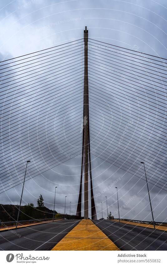 Modern cable-stayed bridge on overcast day modern architectural design infrastructure red cables perspective view construction engineering transportation