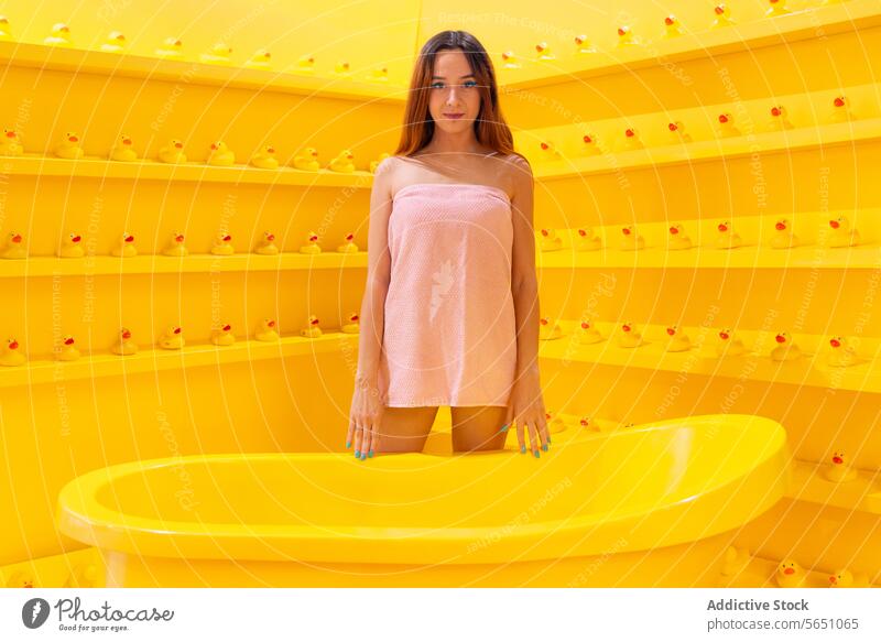 Portrait woman in the bathtub wrapped in a towel Woman standing yellow room rubber duck coordinated portrait bright monochromatic fashion style casual modern