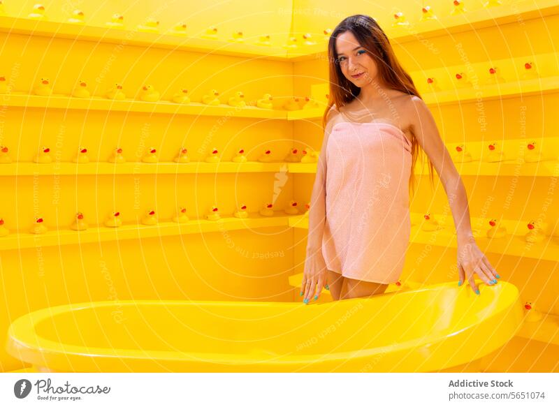 Happy woman wrapped in a towel Woman smile blush top standing yellow bathtub rubber duck background cheerful bright monochrome fashion style casual modern