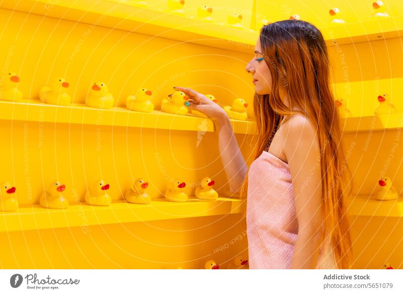 Woman a admiring rubber ducks pink top towel shelf yellow room admiration collection theme bright cheerful playful monochrome fashion style casual modern decor