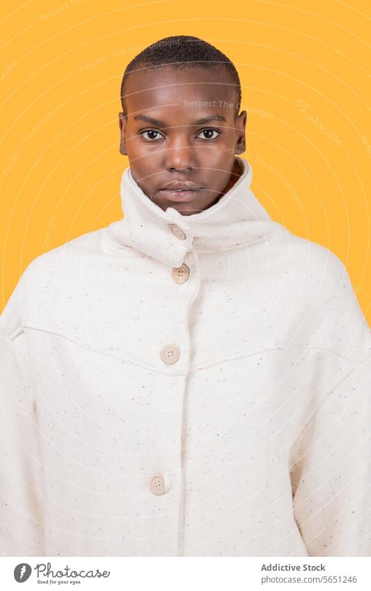 Black woman in turtleneck clothing isolated on yellow background trendy apparel face portrait short hair confident style glance looking at camera shy hide