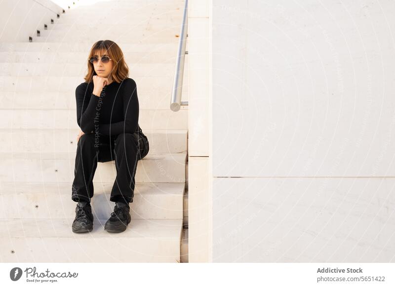 Pensive woman sitting on stairs in casual outfit contemplative sunglasses black style urban alone introspective white steps fashion modern lifestyle female