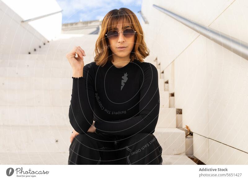 Stylish woman in sunglasses sitting on white steps young fashionable black outfit architecture camera style confident casual outdoor daytime modern trendy look