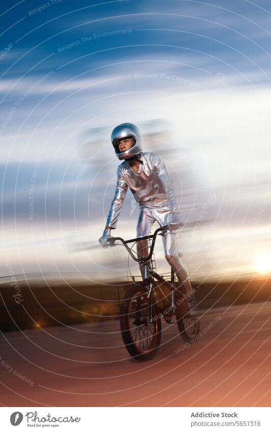 Stuntman performing tricks on bicycle in evening time stuntman ride costume helmet sunset countryside male activity vehicle cloudy bike cyclist blue sky