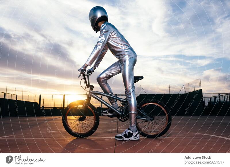 Unrecognizable stuntman performing tricks on bicycle in evening time ride costume helmet sunset countryside male activity vehicle cloudy bike cyclist blue sky