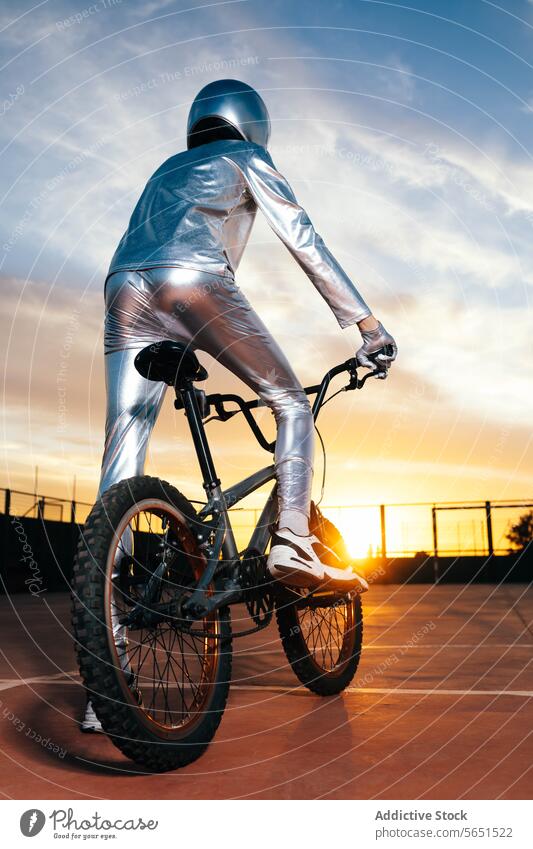 Unrecognizable stuntman performing tricks on bicycle in evening time costume safety recreation unrecognizable cloudy helmet full body sunset activity faceless