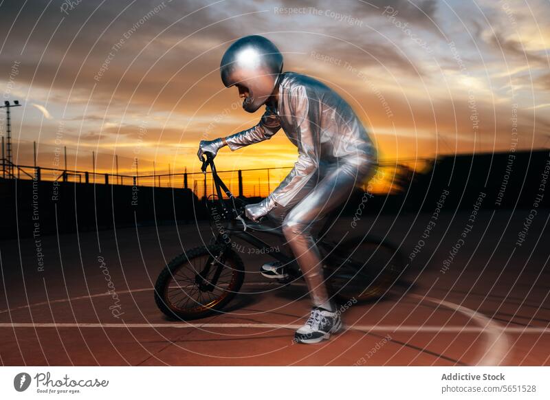 Unrecognizable stuntman performing tricks on bicycle in evening time costume safety recreation unrecognizable cloudy helmet full body activity looking away