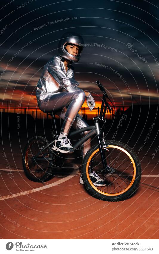 Unrecognizable young man in helmet sitting on bicycle in light on sports ground stuntman sneakers glove cloudy confident dusk sundown male bike costume