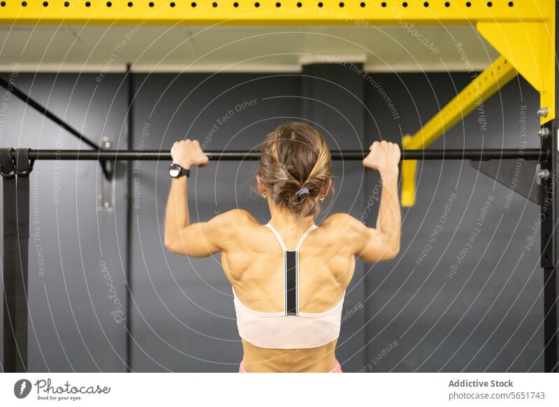 Woman Exercising on Pull-up Bar in Gym woman exercise pull-up gym strength endurance fitness workout health training muscular toning bar sport physical activity