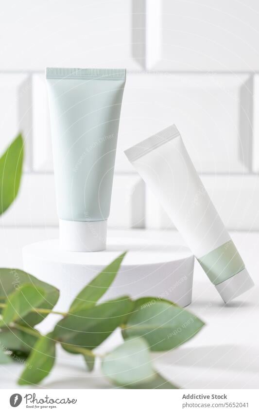 Skincare tubes with natural green leaves on white background skincare cosmetic leaf product packaging clean beauty blank label cream lotion branding mockup