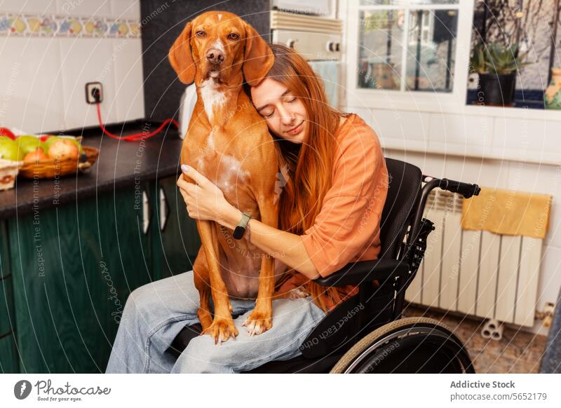 Tender moment between disabled owner and pet dog woman wheelchair embrace home kitchen cozy loyalty affection tender care companion accessibility comfort indoor