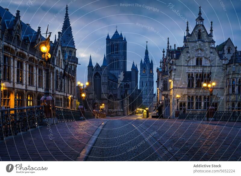 Historical buildings and street lights at dawn in Ghent with Saint Bavo's Cathedral in the background historical buildings Belgium architecture twilight