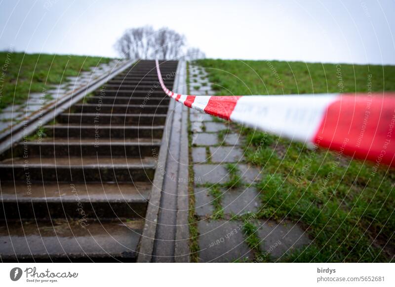 Stairs cordoned off with tape flutterband Safety prevention barrier tape White Red Reddish white Protection Smoothness Slippery surface Risk of injury