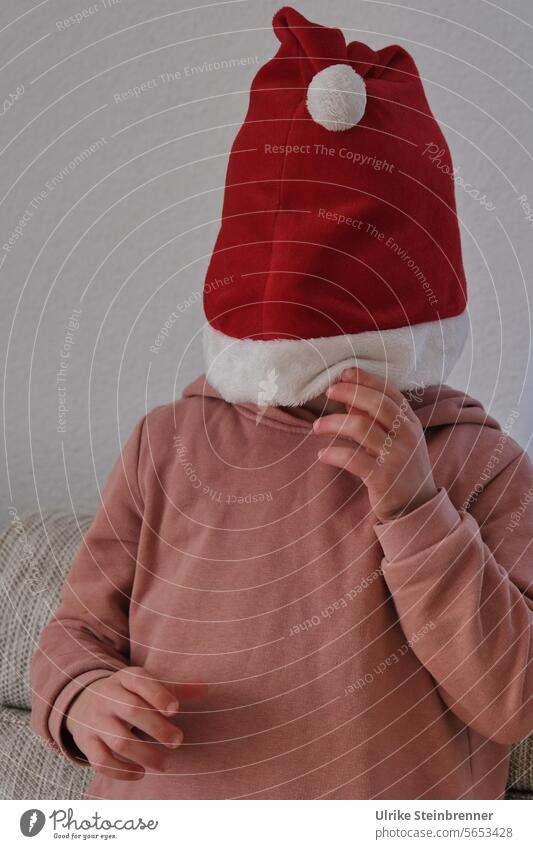 I can't see Christmas anymore Child Girl Cap Santa Claus Santa's cap Hide blind cow see nothing Weary have enough bobble Red White garments Season Decoration