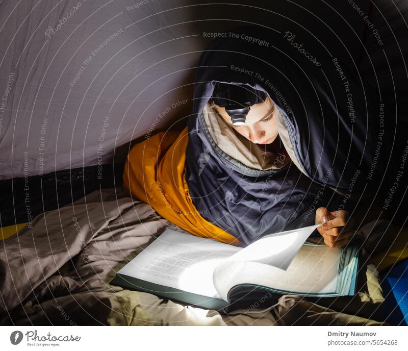 Boy reading a book with torch at night Sleeping Bag bed bedtime boy calm camp camping child childhood concentration dark darkness dream education flashlight