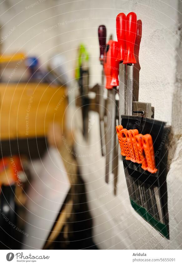 Small basement workshop | Files and rasps hanging on the wall Workshop file Rasp Tool Work and employment Craft (trade) Leisure and hobbies Close-up