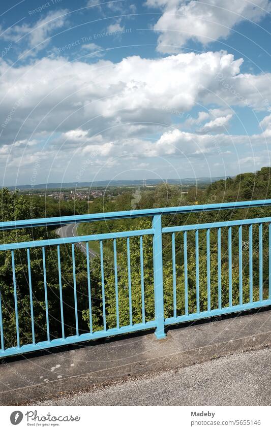 The Blue Bridge for pedestrians over the tunnel road with a panoramic view over Asemissen, Leopoldshöhe and the Lipperland in Oerlinghausen near Bielefeld in the Teutoburg Forest in East Westphalia-Lippe