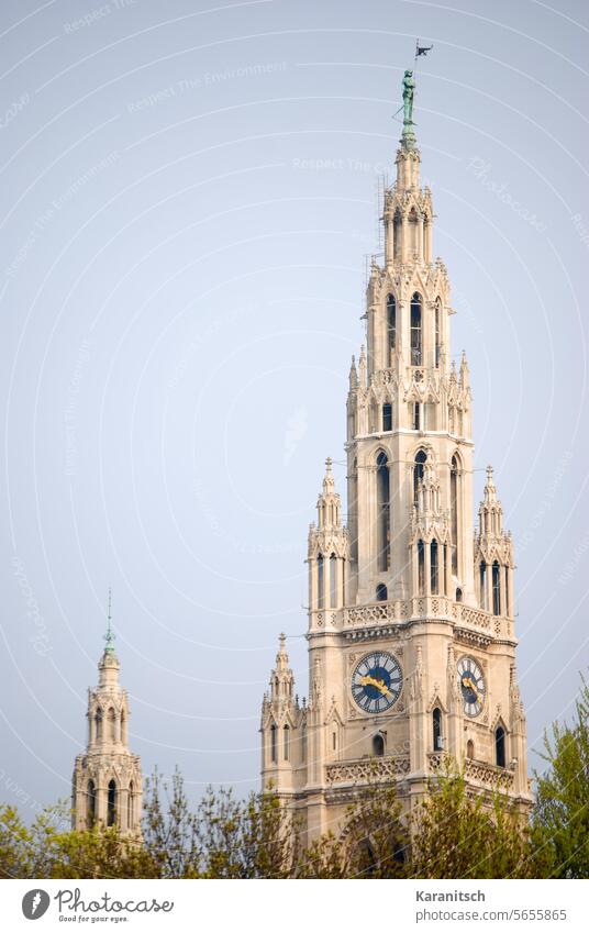 The towers with the Rathausmann from Vienna City Hall. Tower spires City hall tower Town hall man Architecture Manmade structures Clock Town hall clock