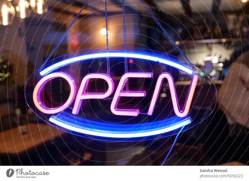 Sign with the inscription "OPEN" open Neon sign Clue shop Café business Bar Roadhouse
