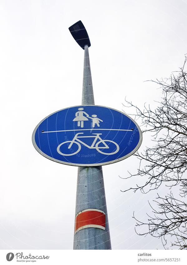 Bicycle away ? | Go on foot cycle path Footpath sign Lantern Worm's-eye view Traffic infrastructure Street Road traffic Lanes & trails Transport