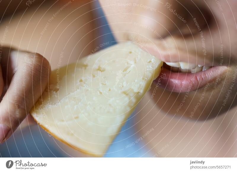 Closeup of crop teenage girl eating fresh cheese at home Girl Cheese Slice Bite Fresh Healthy Vitamin Eat Nutrition Yummy Delicious Food Tasty Teen Hungry