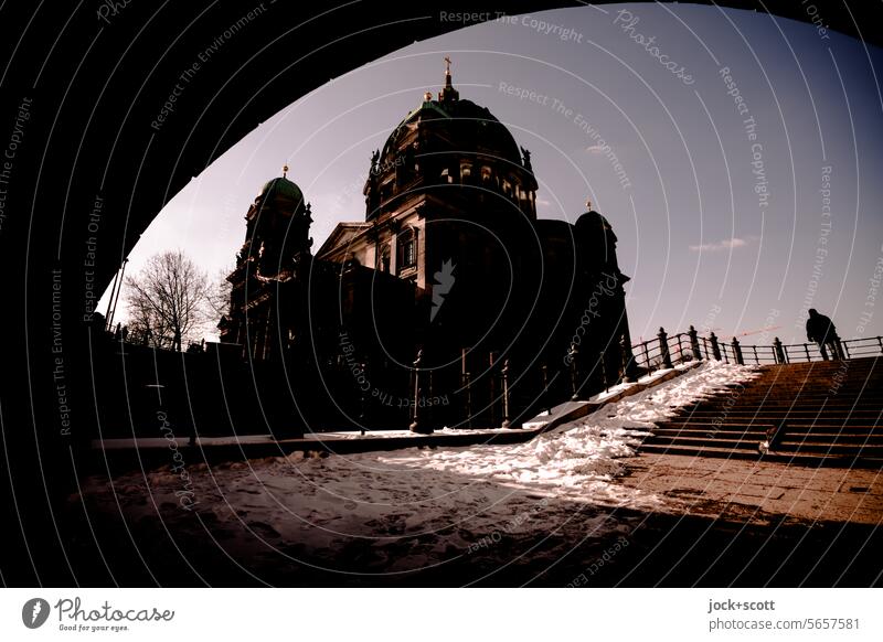 Winter day meets Berlin Cathedral Depth of field Low-key Silhouette Downtown Berlin Sky Snow Tourist Attraction Historic Neo Renaissance Manmade structures