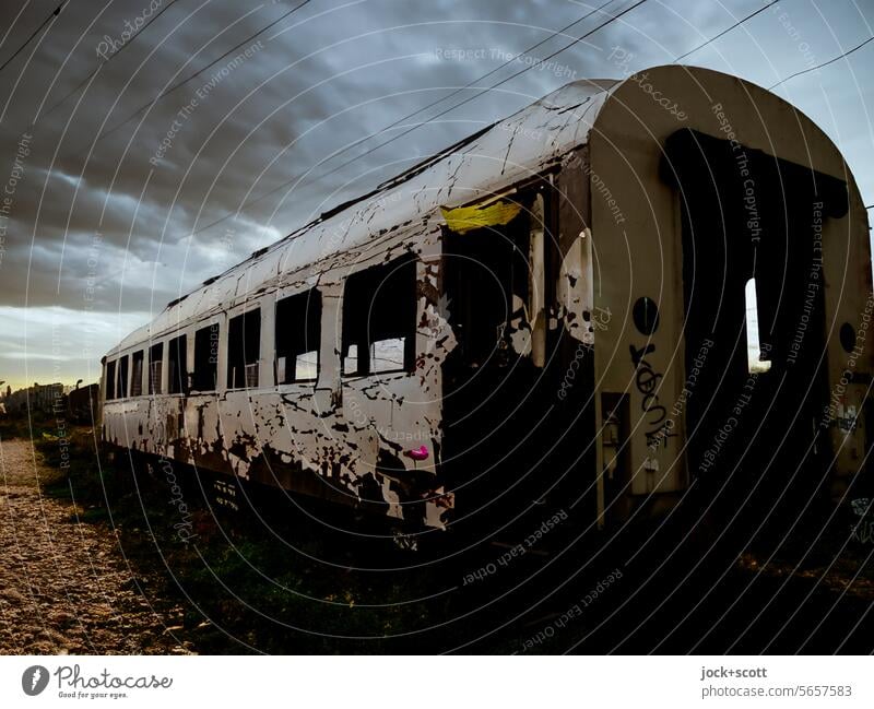 the ghost train is ready lost places Ravages of time Old Change Railroad car Rail vehicle Train compartment Deserted Transience Apocalyptic sentiment wreck