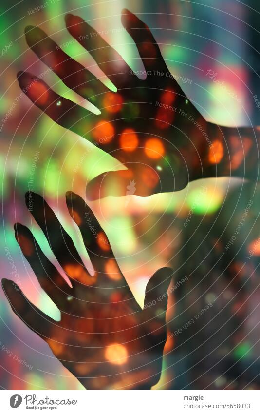 Colorful hands Hand variegated Illuminated Light Glow celebrations Incandescent Hands up! Moody Leisure and hobbies Event Lifestyle Dance event Unrecognizable