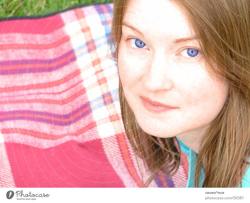 blue eyed Woman Feminine Portrait photograph Grass Pattern Overexposure Face Blanket Eyes Blue Hair and hairstyles Mouth Checkered