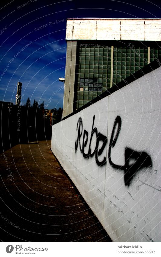 REBEL Black Large Small Dark Revolt Exterior shot Rüti Switzerland rebel Graffiti background Lanes & trails Blue sky
